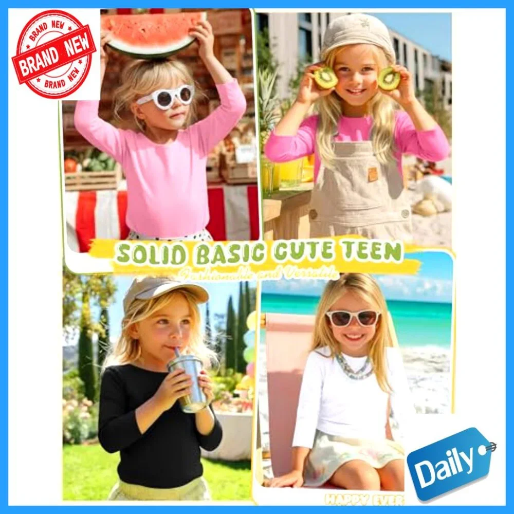 4 Pack Girls 3/4 Sleeve Tees Crewneck Basic Tops 5-14Y